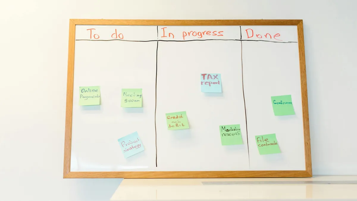 Notas adhesivas de colores organizadas en una pizarra representando un pipeline de ventas tipo kanban