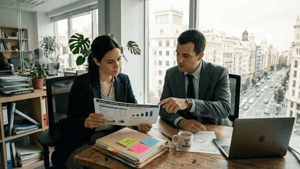 Un couple analyse ensemble la gestion commerciale dans leur bureau.