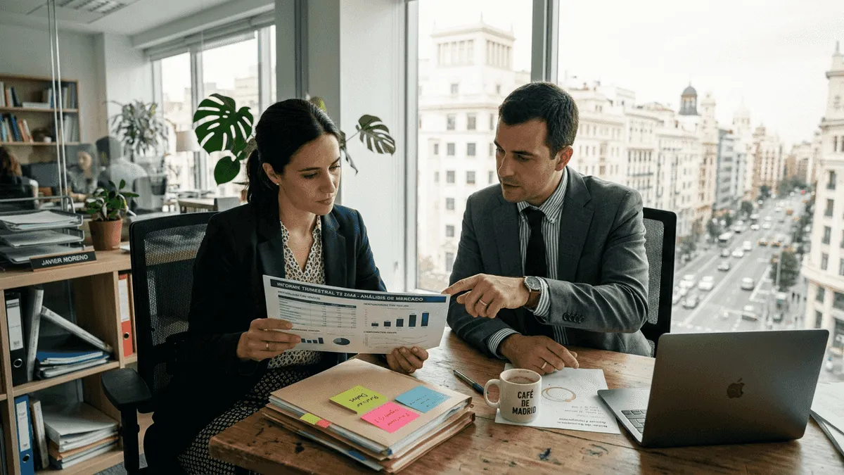 Un couple analyse ensemble la gestion commerciale dans leur bureau.