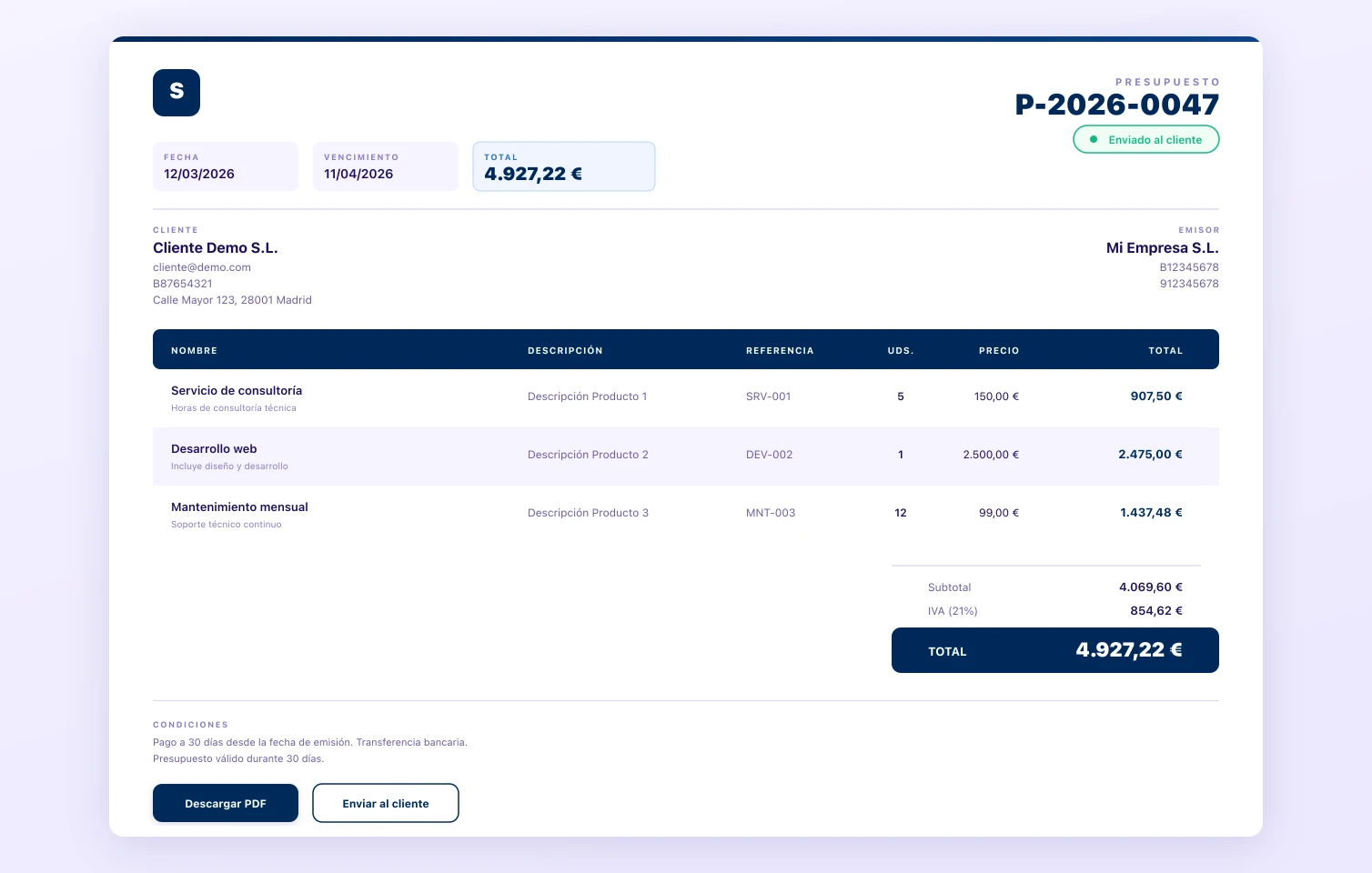 Crea presupuestos profesionales en segundos
