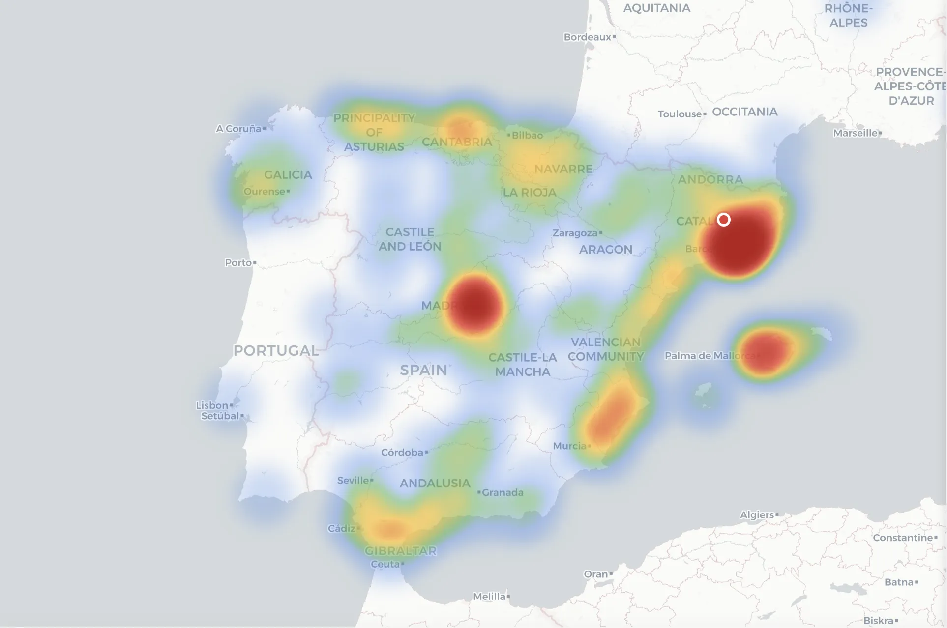 Heat map showing the geographic distribution of sales contacts across Spain